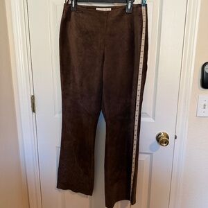 Margaret Godfrey Brown Suede/Nubuck Pants w/Embossed Floral Detail on Leg Sz10P